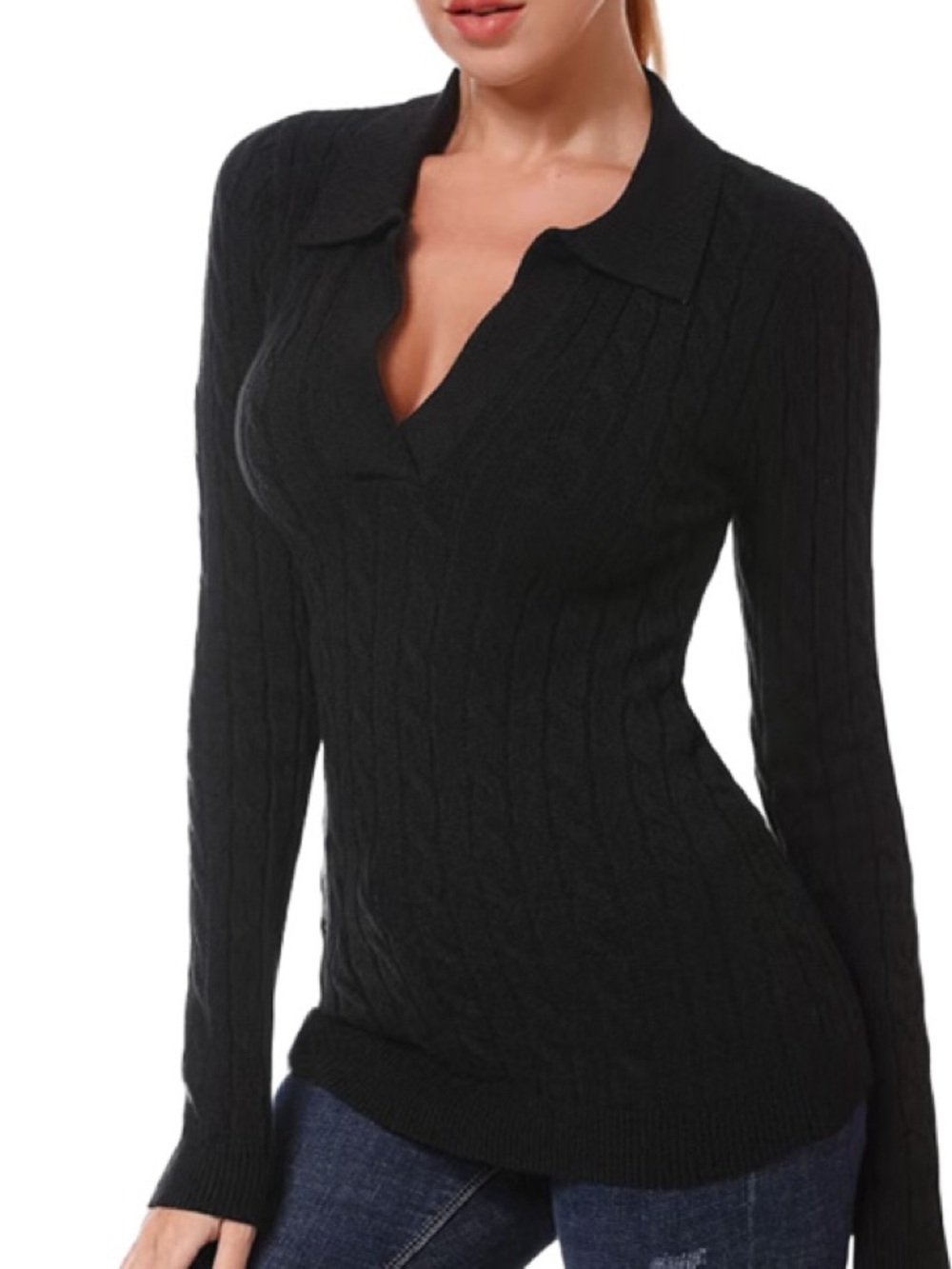 Cable-Knit Black Women’s Sweater with Collar